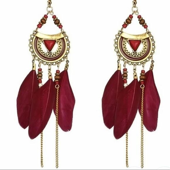 MWT WineRed bohemian feather drop earrings with dangle rope fringe tassel - Picture 4 of 6